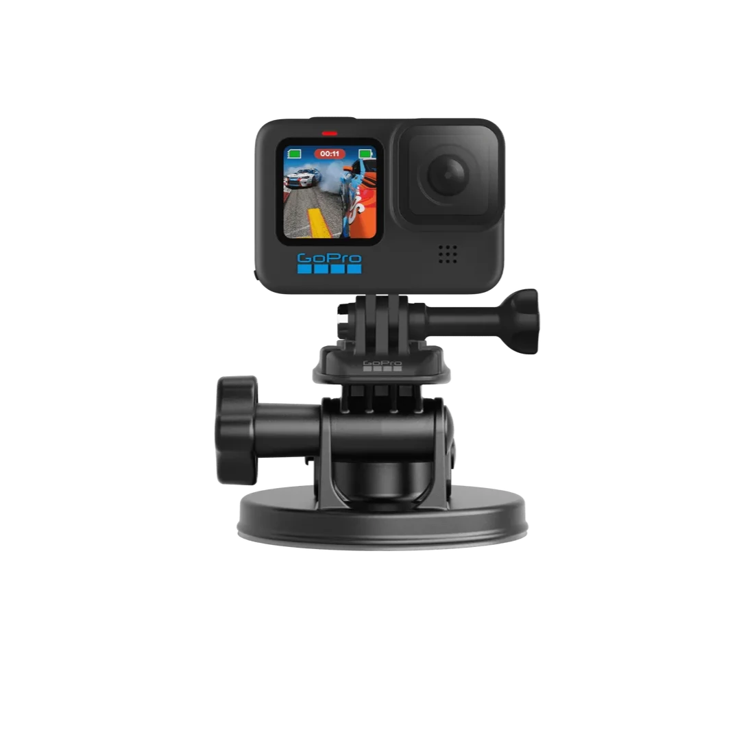 Product photo of the GoPro suction cup mount with a camera attached on an isolated background