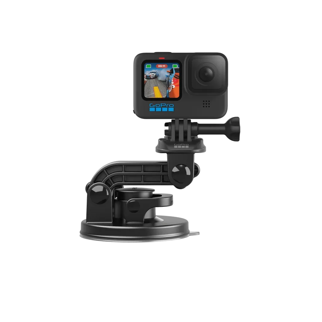 Side profile product photo of the gopro suction cup mount with a black gopro attached