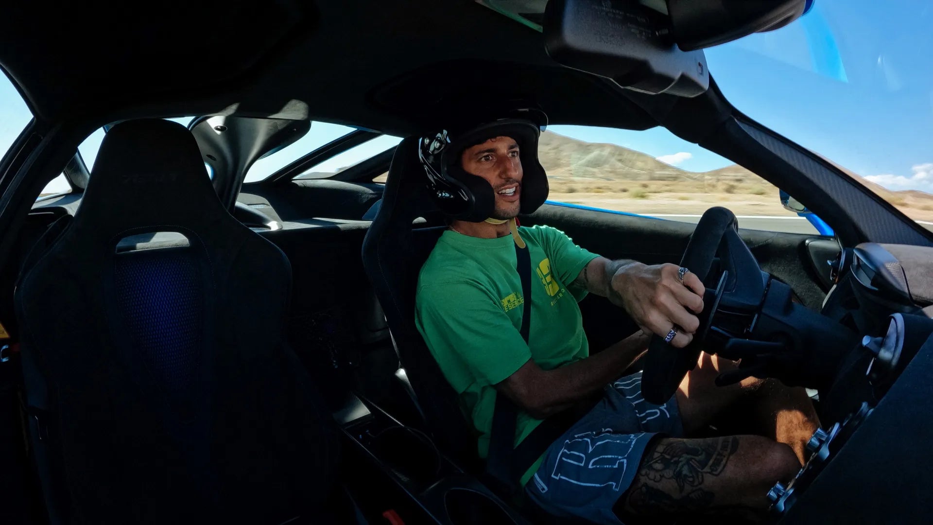 Interior lifestyle shot of the supercar taken from the gopro suction cup mount