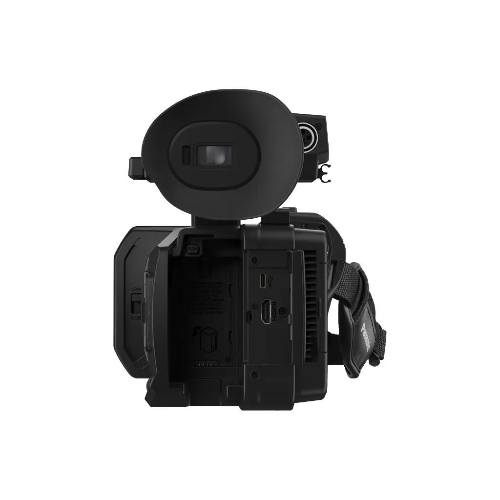 Black camera lens and housing on a white background