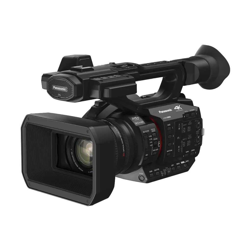 Black video camera on a white background