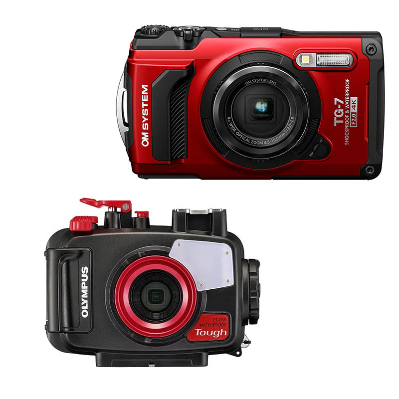 OM System TG-7 Tough Digital Camera - Red with Olympus PT-059 Underwater Housing