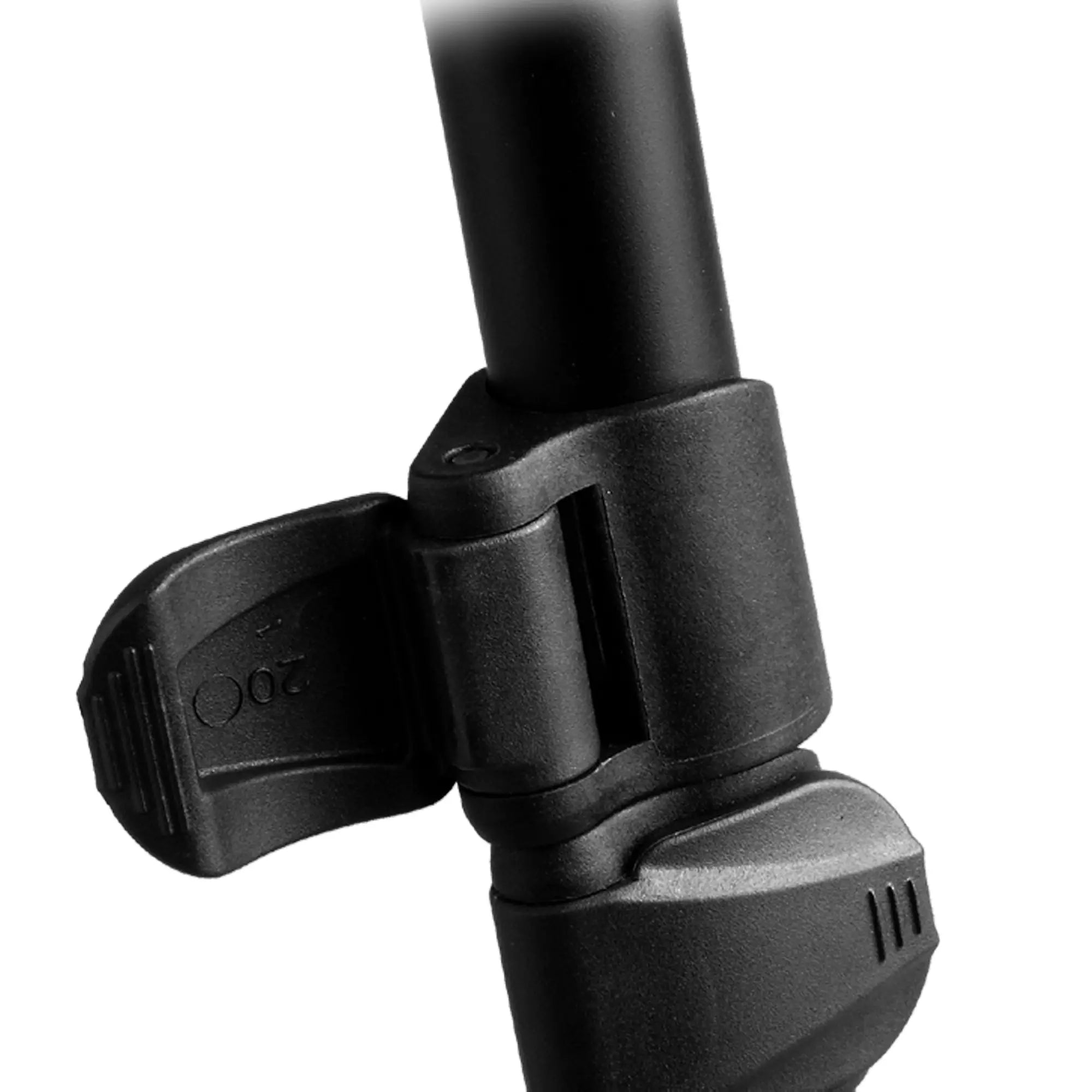 Close-up of a black adjustable bike seat post on a white background