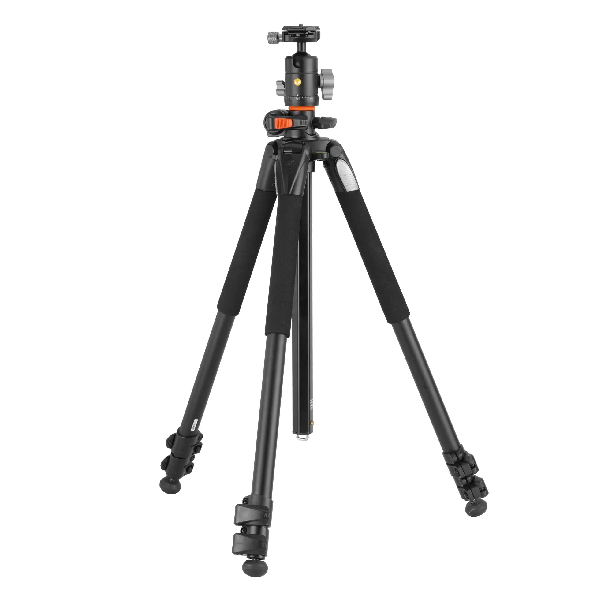 Black tripod with ball head on a white background