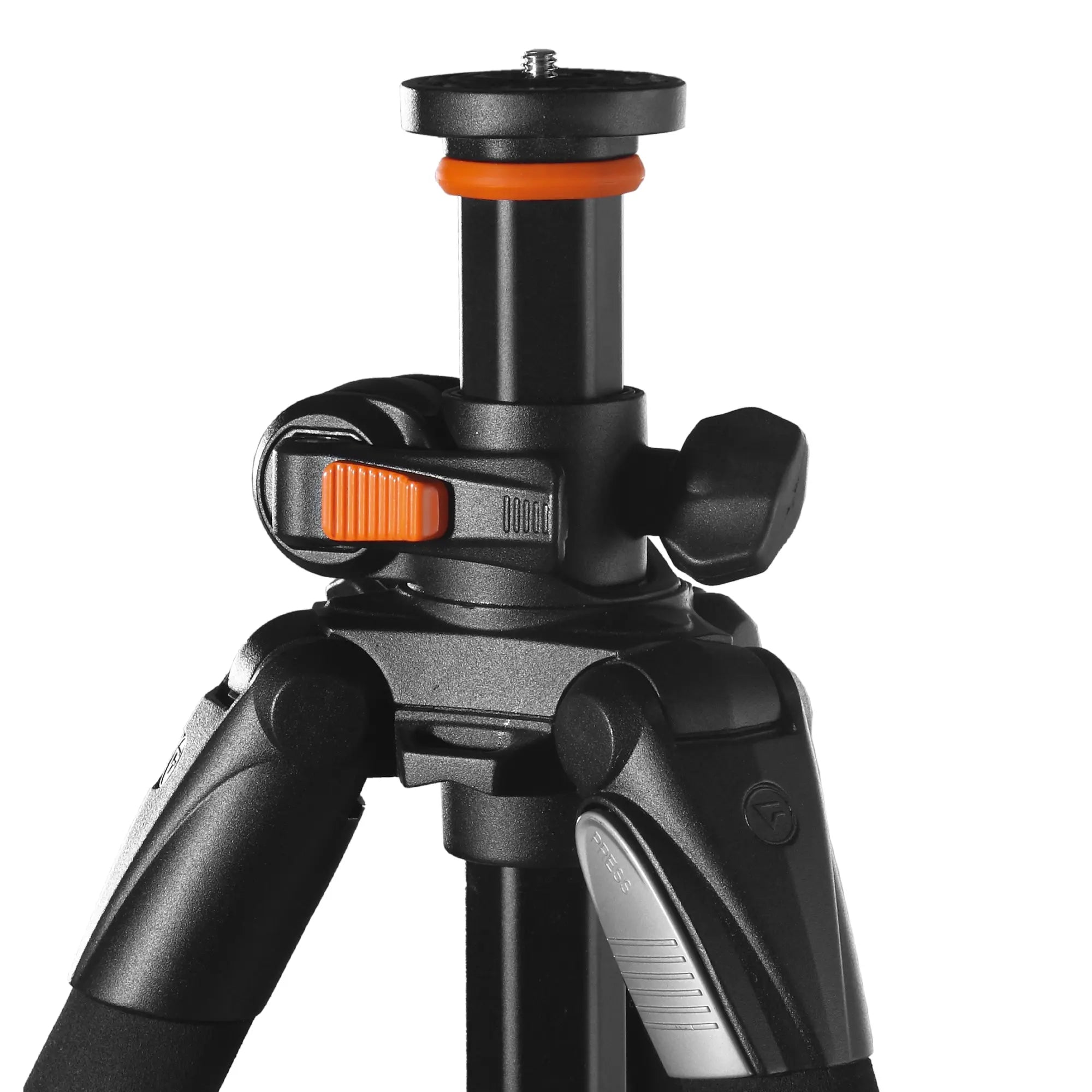 Black tripod with orange accents on a white background
