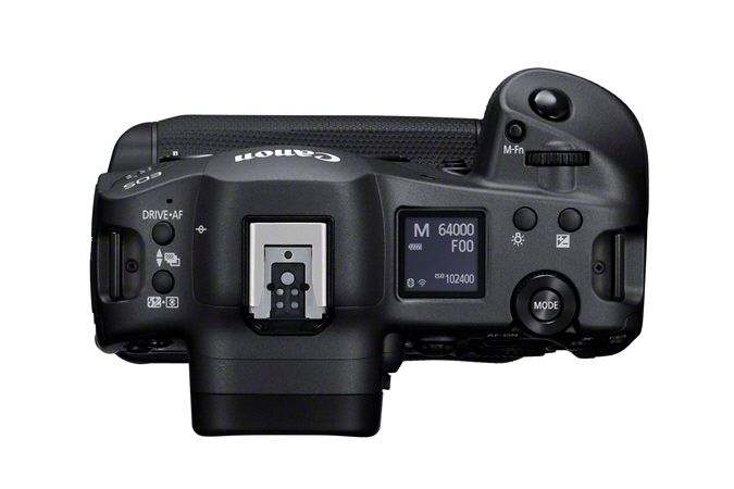 Canon EOS R3 Mirrorless Camera - Product Photo 3 - Top down view of the camera body with the flash mount, control dial and settings display screen visible.