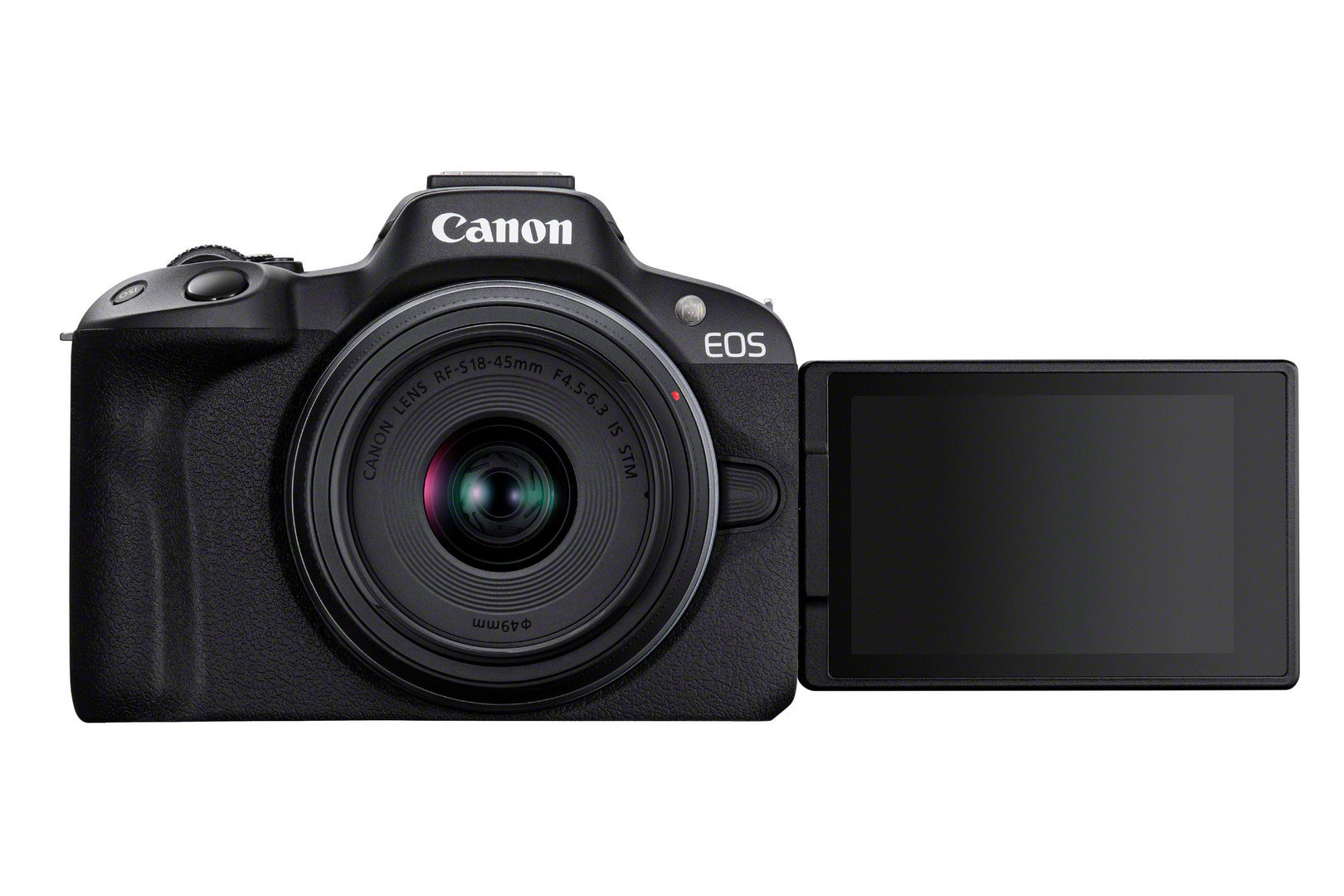 Canon EOS R50 Camera with RF-S 18-45mm Lens Kit - Product Photo 2 - Front view with screen extended