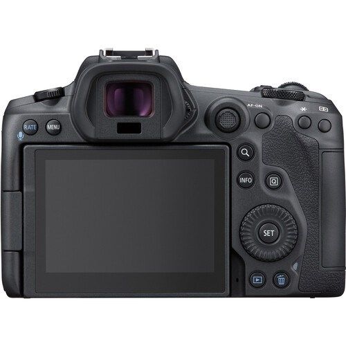 Canon EOS R5 Mirrorless Camera Body - Product Photo 4 - rear view of the camera body with the screen rotated to it's natural viewing position along with the view finder and controls
