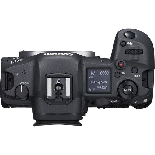 Canon EOS R5 Mirrorless Camera Body - Product Photo 2 - Top down view with the flash mount, display and controls visible