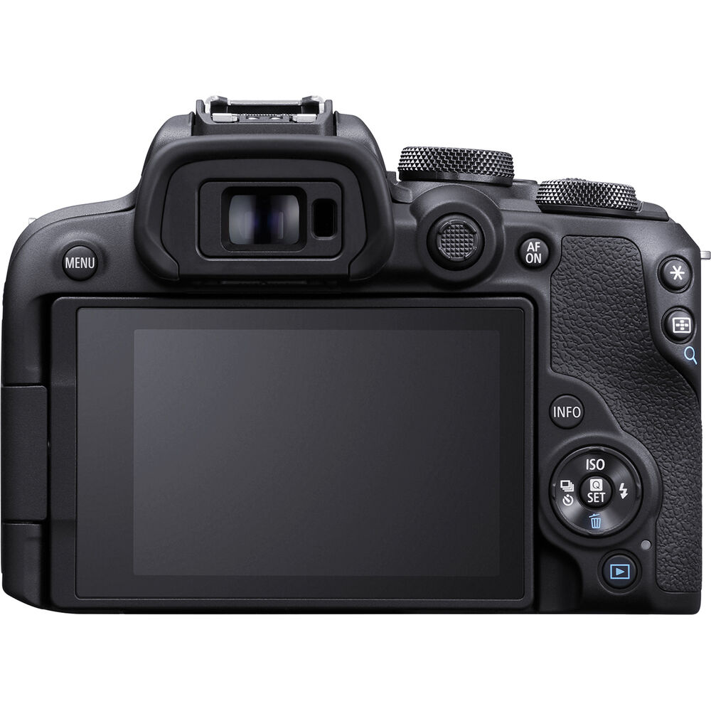 Canon EOS R10 Mirrorless Camera + RF-S 18-45mm lens Kit - Product photo 6 - Rear view of the camera with the screen rotated to it's natural viewing position