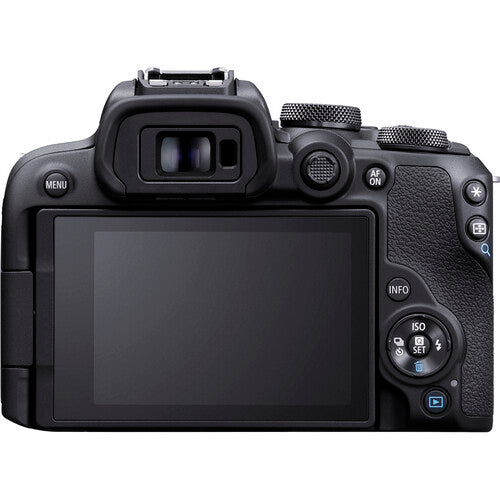 Canon EOS R10 Mirrorless Camera + RF-S 18-150mm F3.5-6.3 IS STM Lens Kit - Product Photo 8 - rear view of the camera showing the viewfinder and controls along with the screen rotated to it's natural viewing position