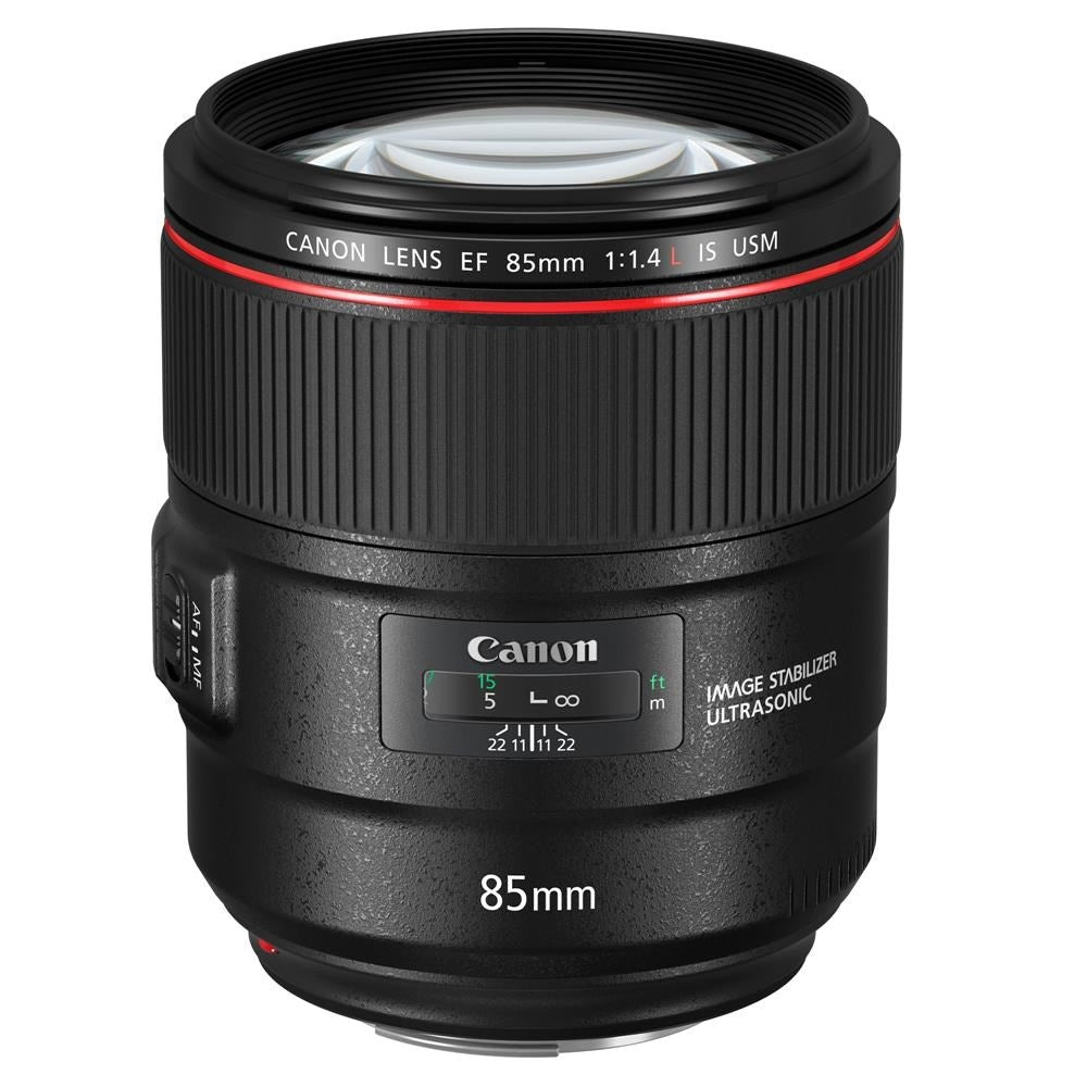 Canon EF 85mm F1.4L IS USM Lens - Product Photo 1 - Stand up view, emphasis on the focus display and control ring