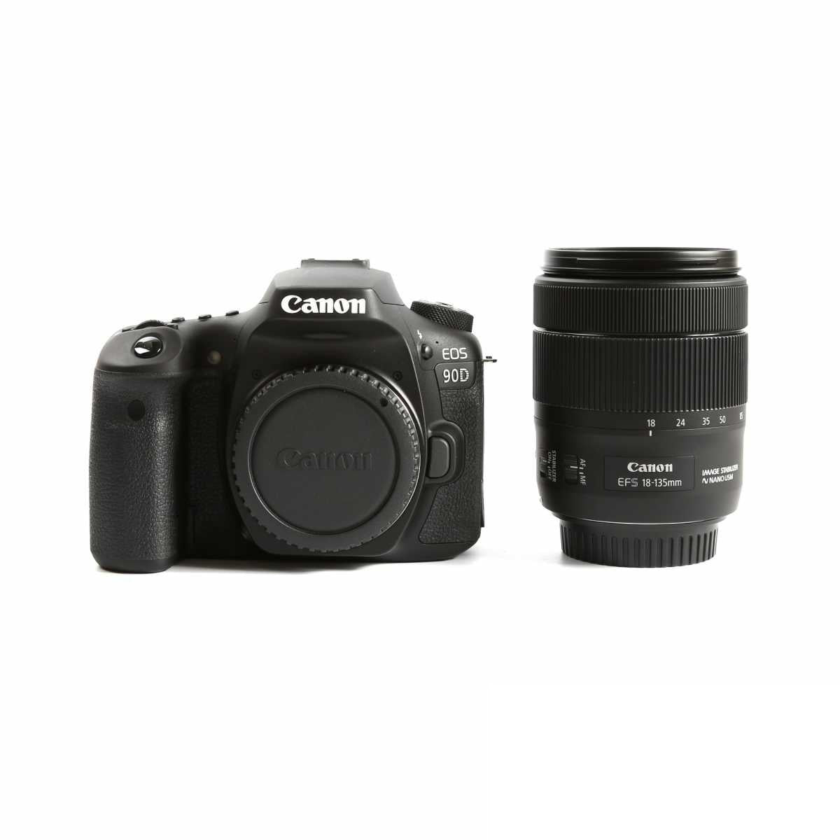 Canon EOS 90D Digital SLR Camera with 18-135mm IS USM Lens - Product Photo 2 - Front view of the camera body and lens