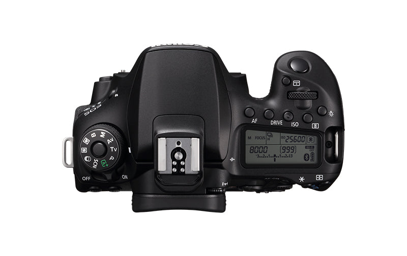 Canon EOS 90D Digital SLR Camera with 18-135mm IS USM Lens - Product Photo 4 - Top down view of the camera body with the flash port mount, control dial and settings display visible