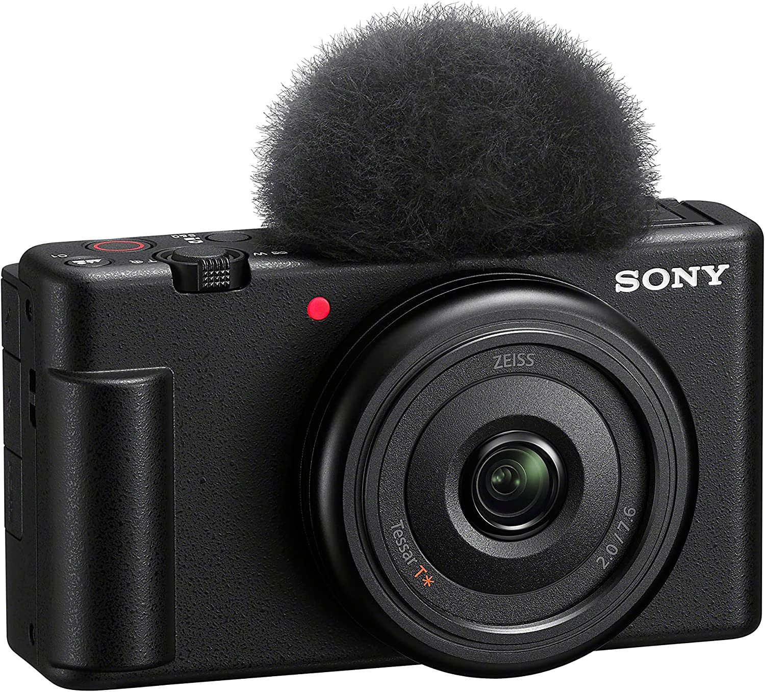 Sony ZV-1F Vlogging Camera - Product Photo 3 - Front side view of the camera with the wind guard attached