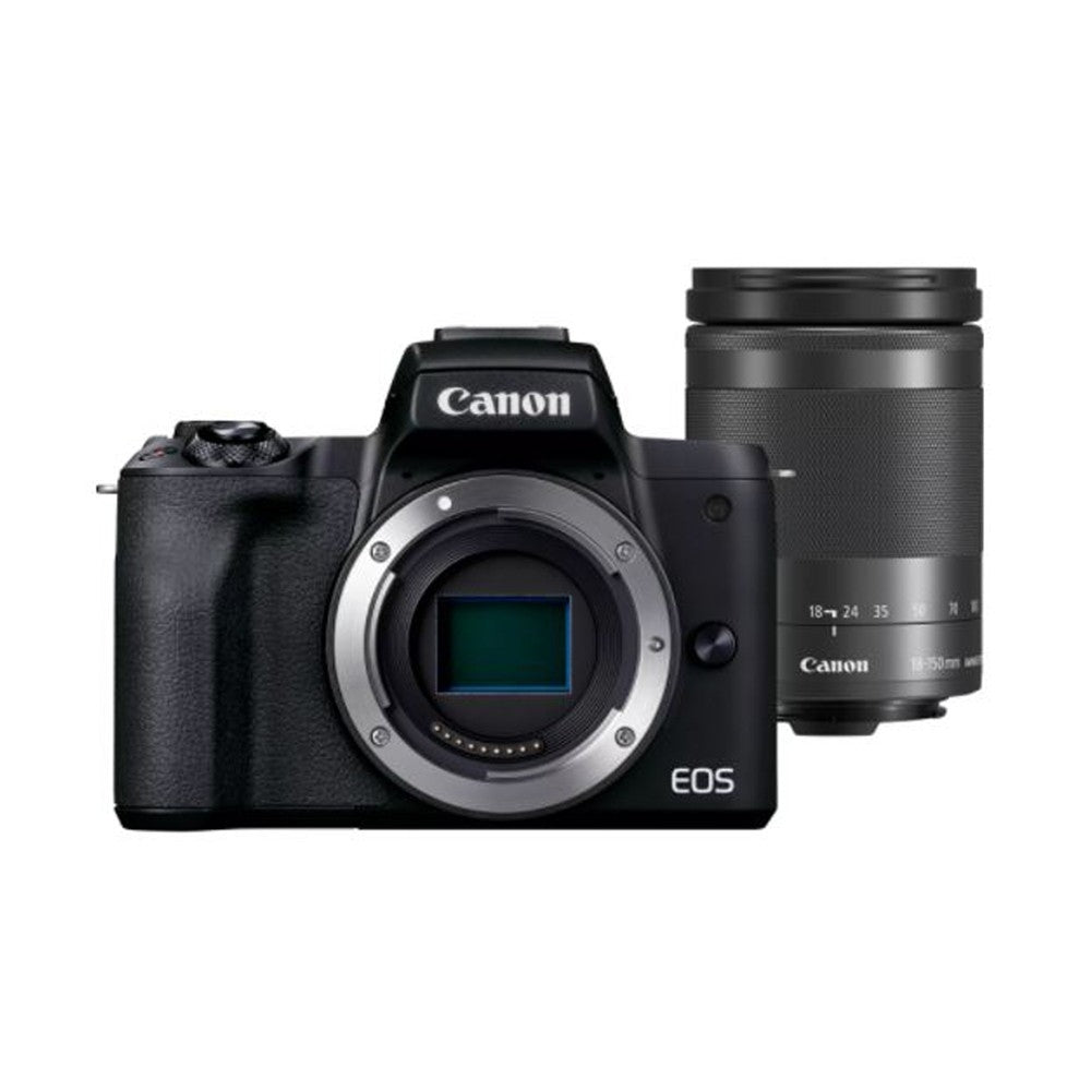 Canon EOS M50 Mark II Mirrorless Camera with 18-150mm Lens Black - Product Photo 1 - Front view of the camera body and it's internal components. The lens behind for scale and perspective