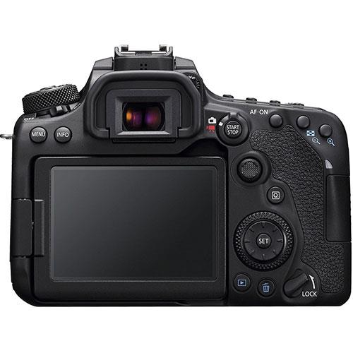 Canon EOS 90D DSLR Camera (Body Only) - Product Photo 2 - Rear view of the camera with the screen rotated to it's fixed, open position