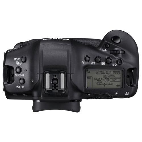Canon EOS 1DX Mark III DSLR Camera Body - Product Photo 5 - Top down view showing details of the flash connection port, control buttons and display