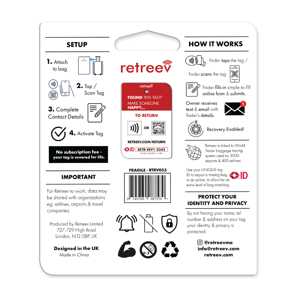 Retreev SMART Tag Luggage Tracker - Fragile