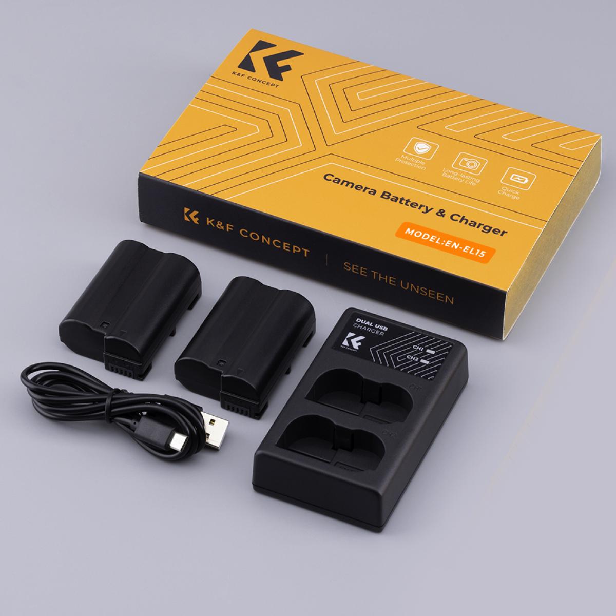K&F Concept nikon EN-EL15 rechargeable battery 2-piece dual slot battery charger kit