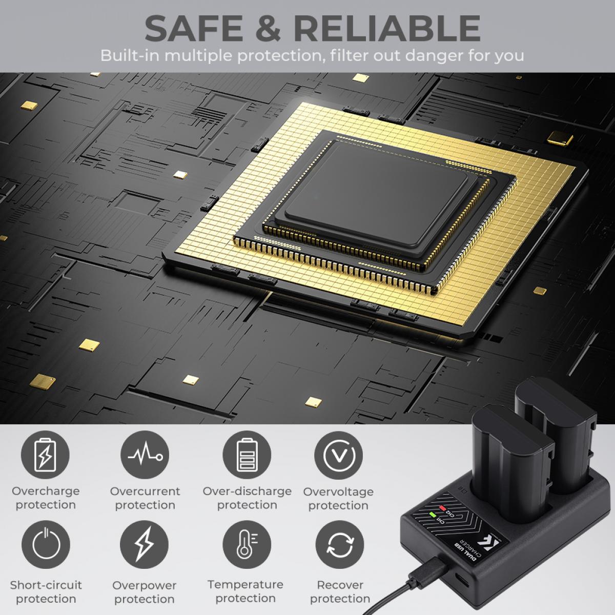 K&F Concept nikon EN-EL15 rechargeable battery 2-piece dual slot battery charger kit