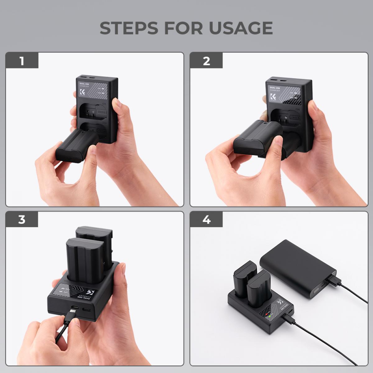K&F Concept nikon EN-EL15 rechargeable battery 2-piece dual slot battery charger kit