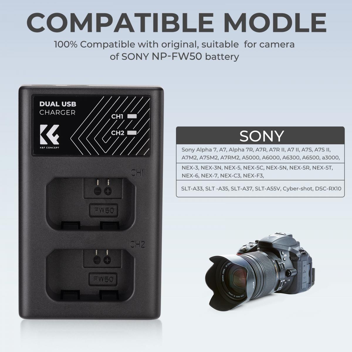 K&F Concept Sony NP-FW50 Dual Slot Quick Battery Charger