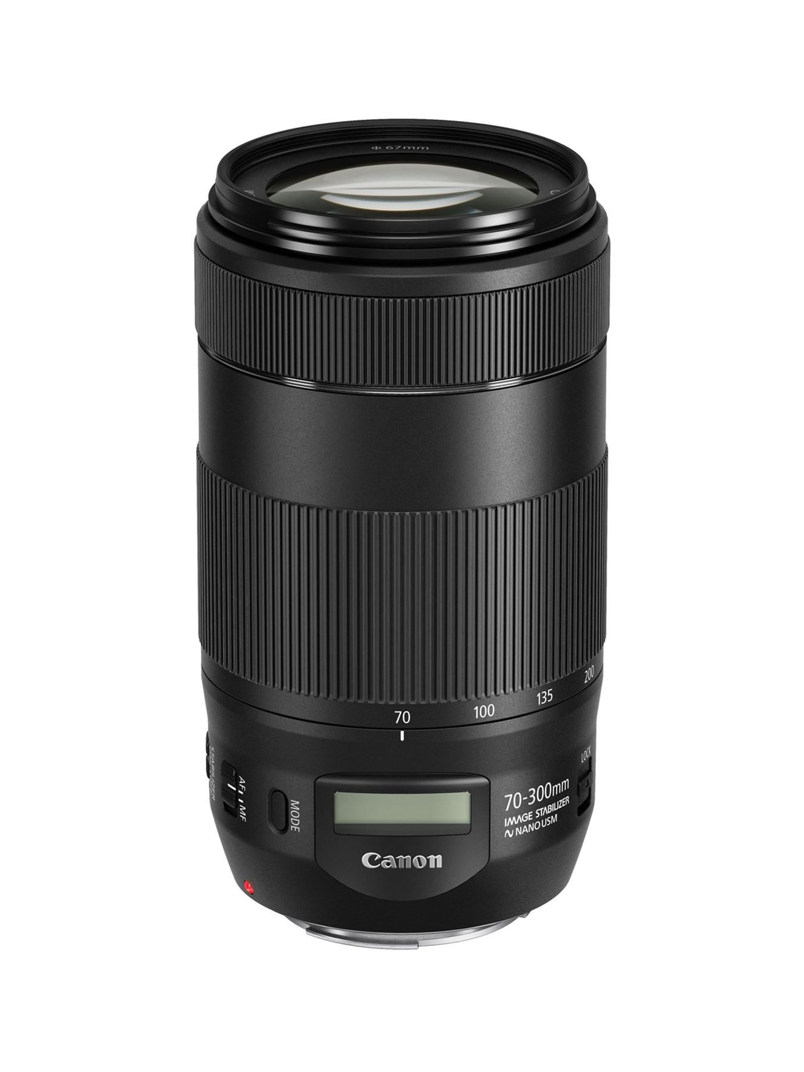 Canon EF 70-300mm F4-5.6 IS II USM Telephoto Zoom Image Stabilised Camera Lens - Product Photo 6 - Stand up view with glass and focus display visible