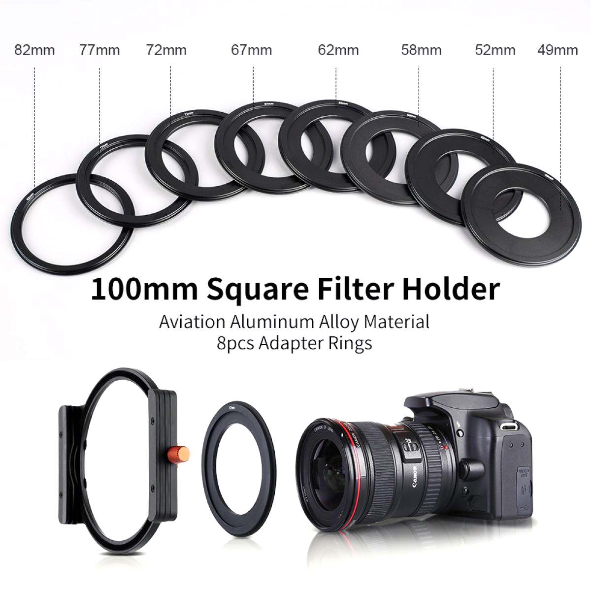K&F Concept Metal Square Filter Holder 100mm with 8 Lens Filter Adapter Rings 49mm-82mm