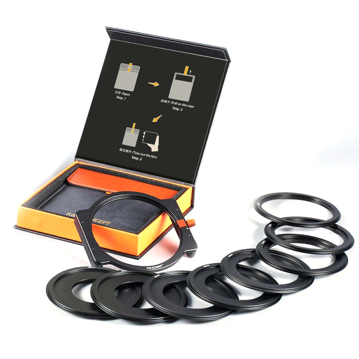 K&F Concept Metal Square Filter Holder 100mm with 8 Lens Filter Adapter Rings 49mm-82mm