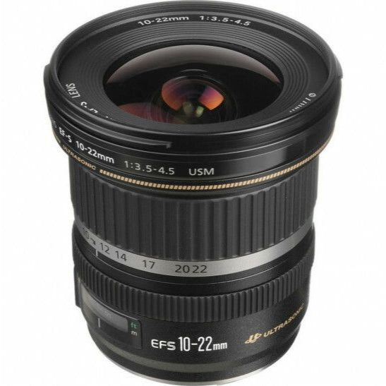 Canon EF-S 10-22mm USM F3.5-4.5 USM Ultra-Wide-Angle Lens - Product Photo 3 - Top Down Perspective with focus on the Glass Components