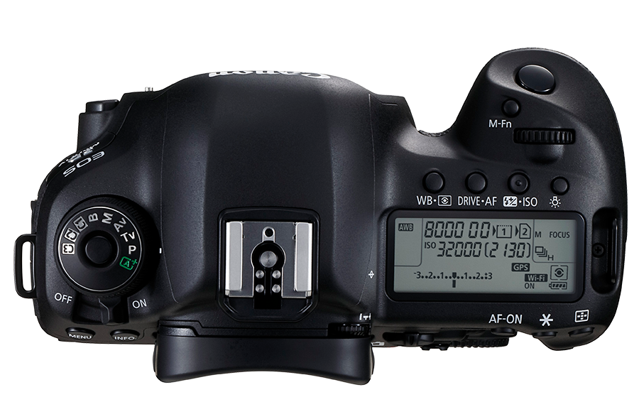Canon EOS 5D Mark IV SLR Camera Body - Product Shot 2 - Top down view of the camera with the flash mount, control ring and settings display visible. Lens not attached
