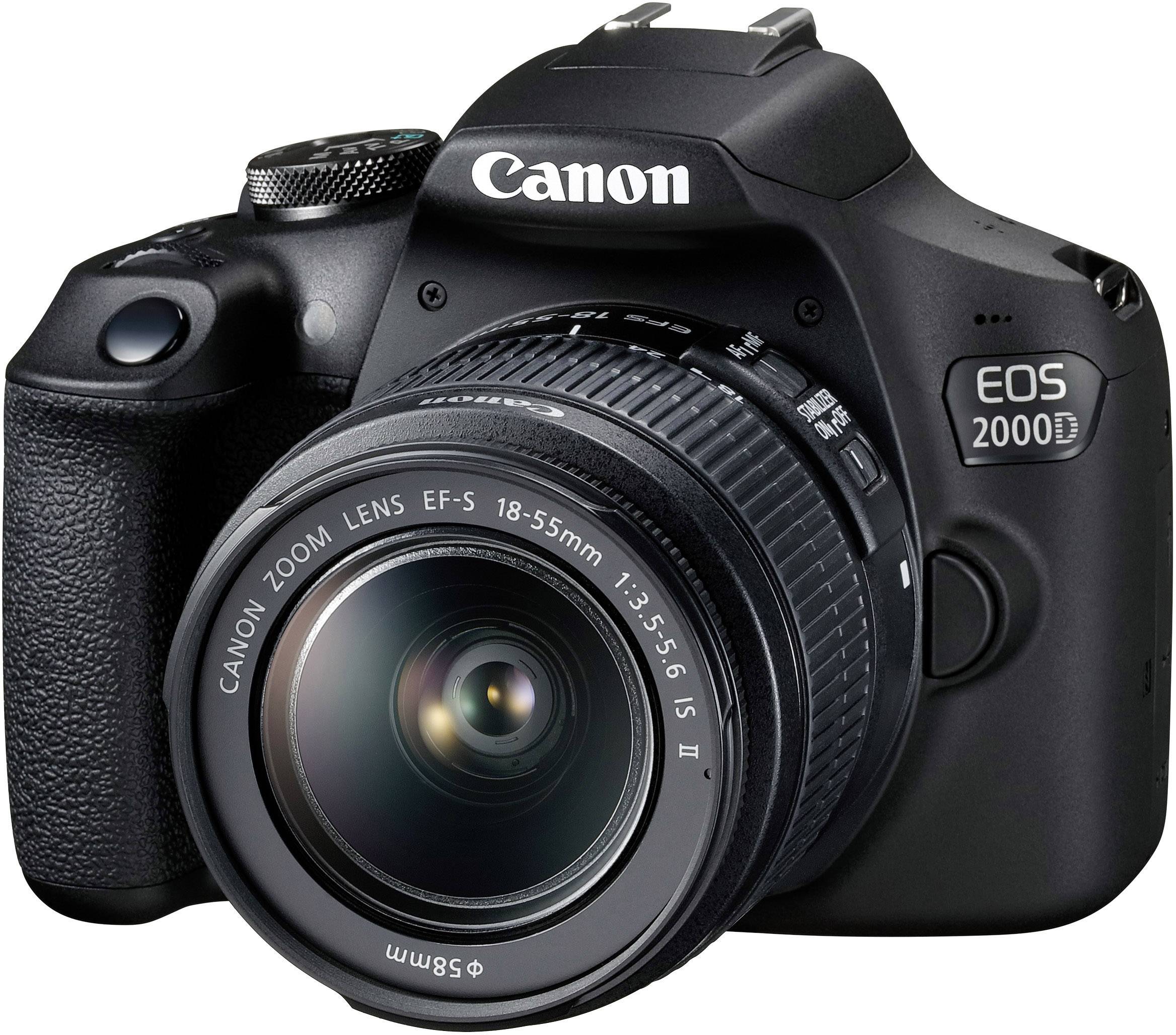 Canon EOS 2000D Digital SLR Camera with 18-55mm IS II Lens - Product Photo  - Side view of the camera body with the lens attached