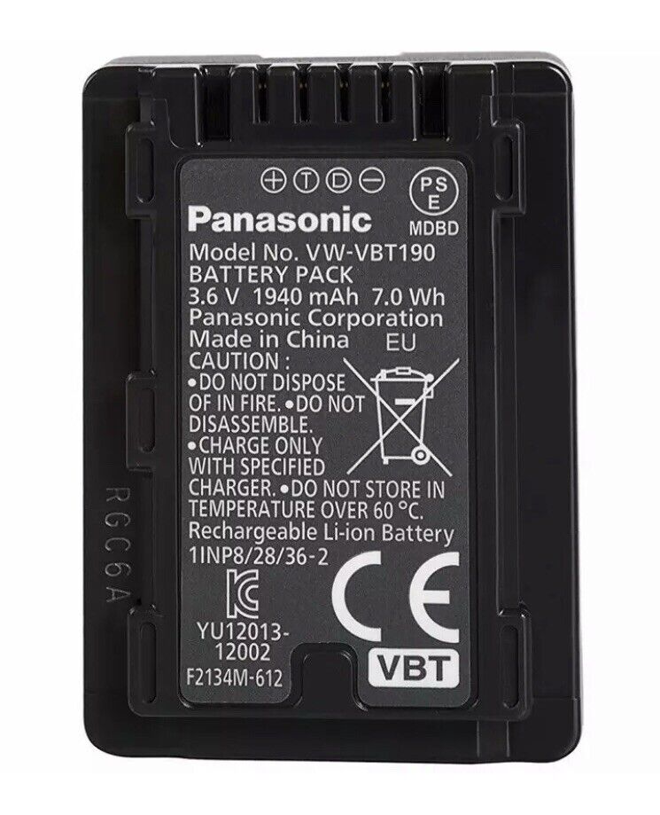 Panasonic VW-VBT190 1940mAh Camcorder Battery for V720/710. V520/510. V210. V110