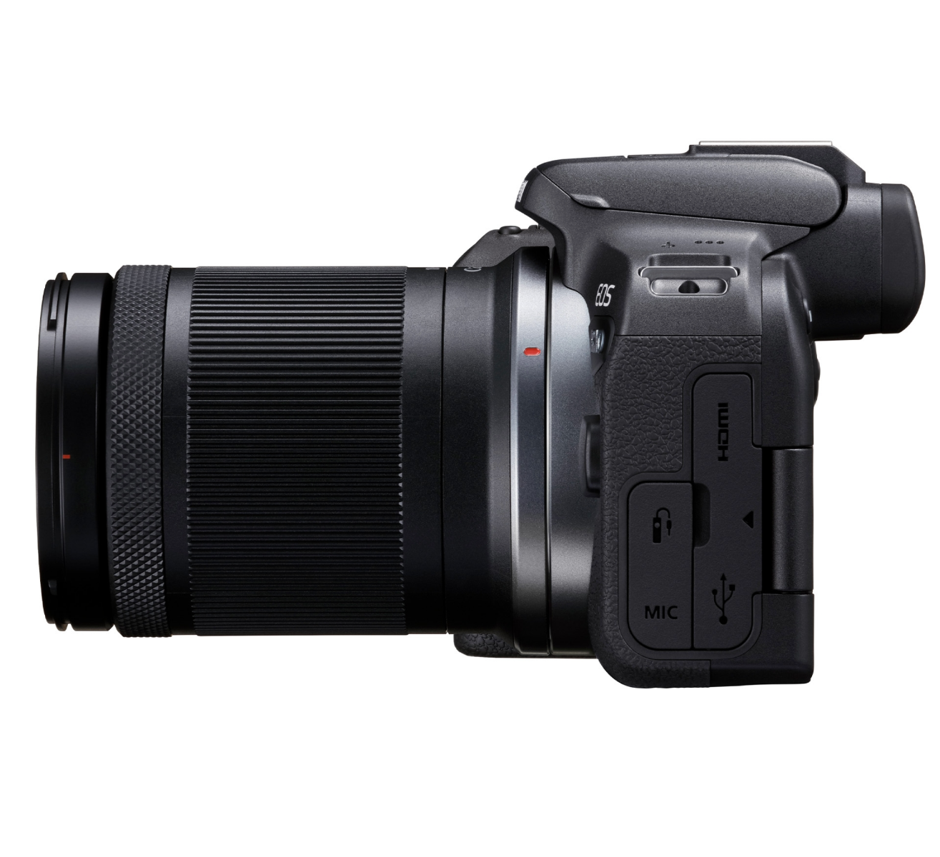 Canon EOS R10 Mirrorless Camera + RF-S 18-150mm F3.5-6.3 IS STM Lens Kit - Product Photo 2 - Side view of the camera with the lens attached and input / output ports visible