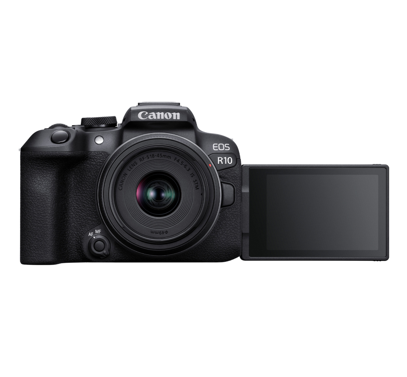 Canon EOS R10 Mirrorless Camera + RF-S 18-45mm lens Kit - Product photo 2 - Front view of the camera with the screen extended to it's full position