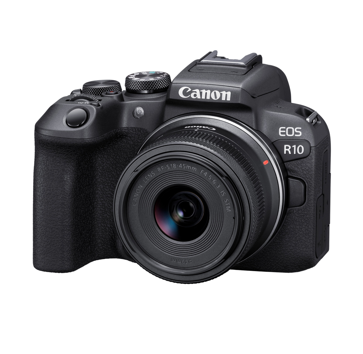 Canon EOS R10 Mirrorless Camera + RF-S 18-45mm lens Kit - Product photo 3 - Front side view of the camera with the lens attached