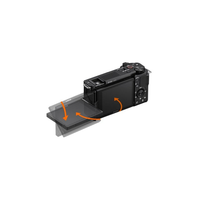 Sony Alpha ZV-E10 APS-C vlog camera with 16-50mm lens - Swivel mechanism diagram