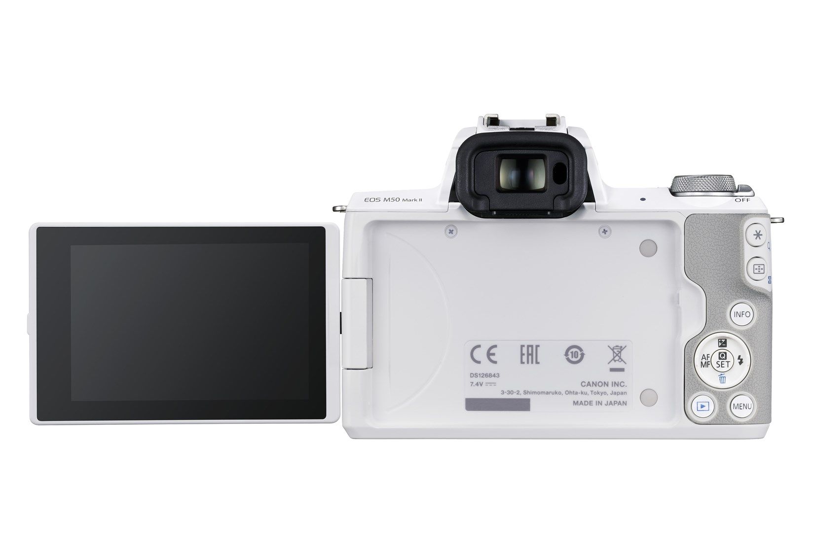 Canon EOS M50 Mark II Camera with EF-M 15-45mm Lens Kit - White - Product Photo 10 - Rear view of the camera with the screen fully extended