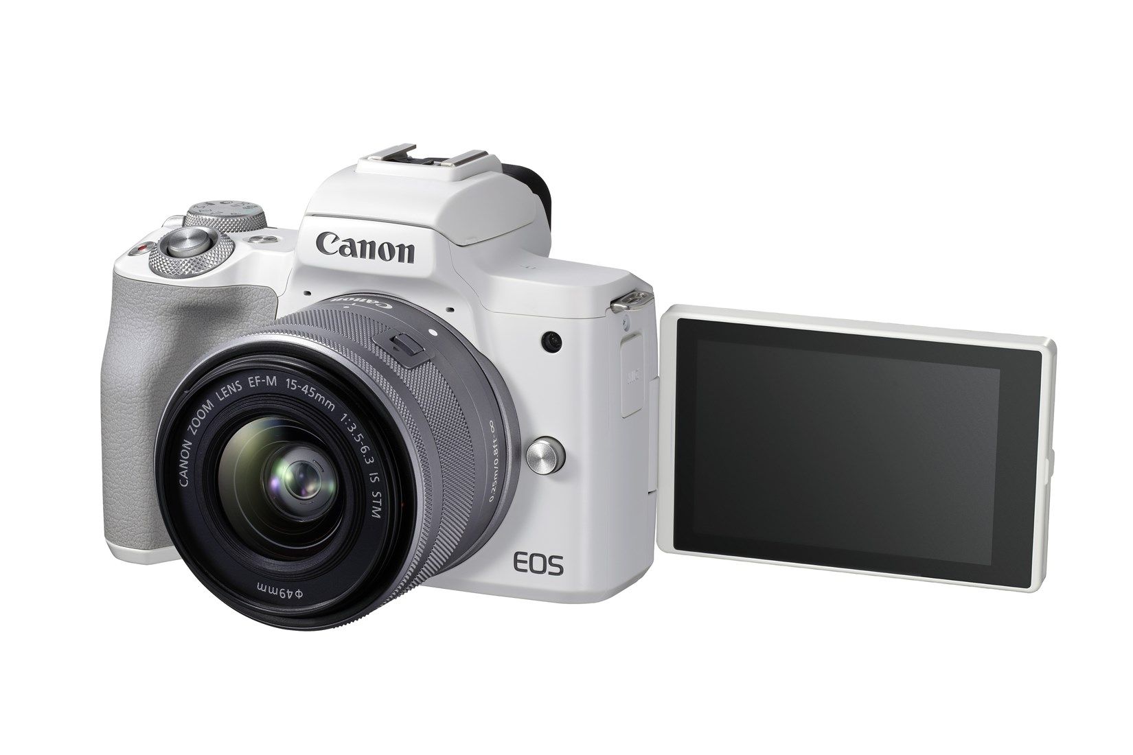 Canon EOS M50 Mark II Camera with EF-M 15-45mm Lens Kit - White - Product Photo 5 - Front side view of the camera and lens with the screen extended to its maximum
