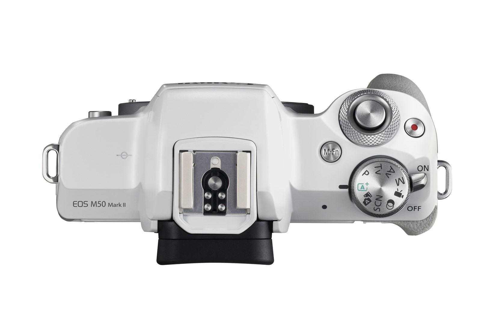 Canon EOS M50 Mark II Camera with EF-M 15-45mm Lens Kit - White - Product Photo 9 - Top down view of the camera body with the viewfinder, flash mount and controls visible