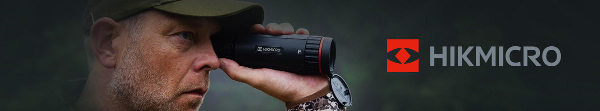 Hikmicro banner image - Branded banner image with Hikmicro logo and a person using the falcon series thermal monocular