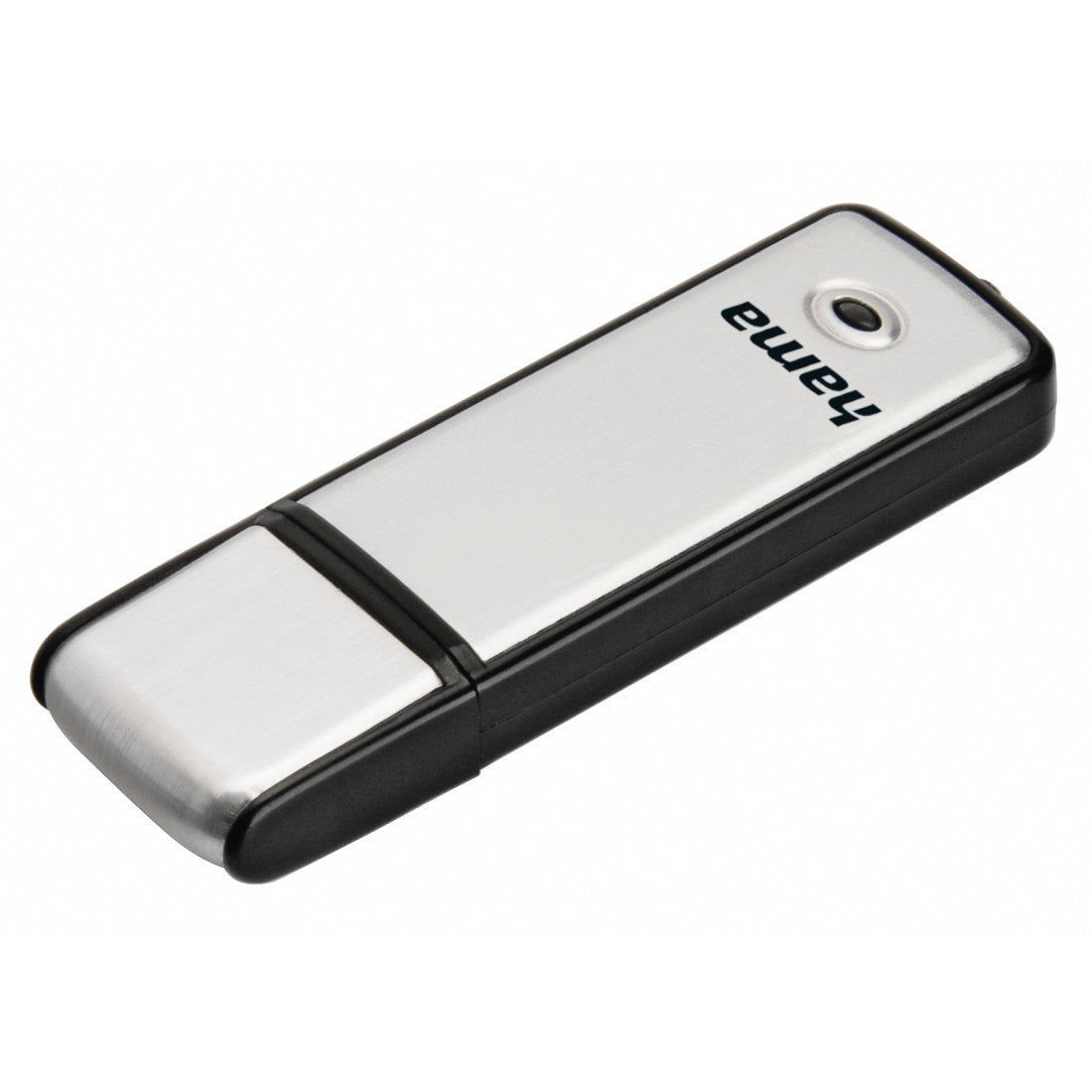 A Hama Fancy 32GB USB 2.0 memory pen with a brushed aluminium body and cap, available in black and silver colors, with an attached keyring.