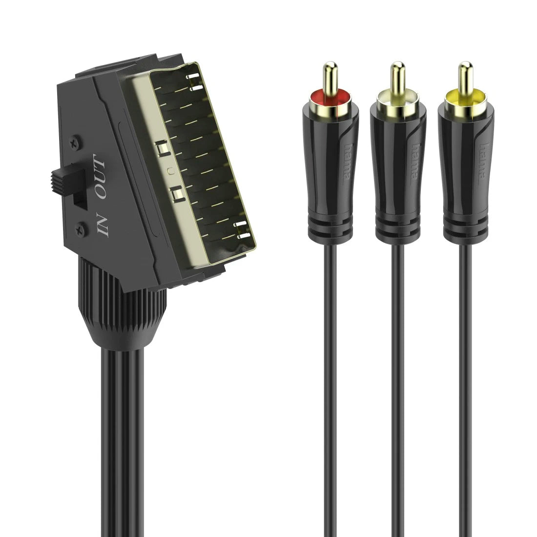 Scart cable with three RCA connectors on a white background