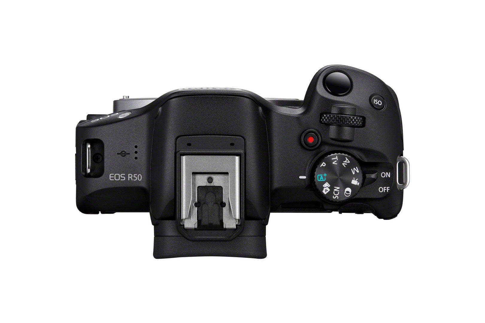 Canon EOS R50 Mirrorless APS-C Body Only - Product Photo 4 - Top down view of the camera with the controls and flash port visible