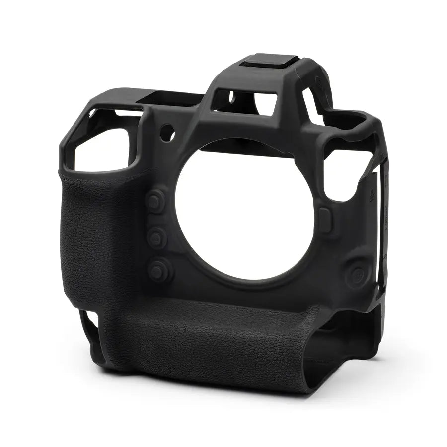 Black camera body protector on a white background