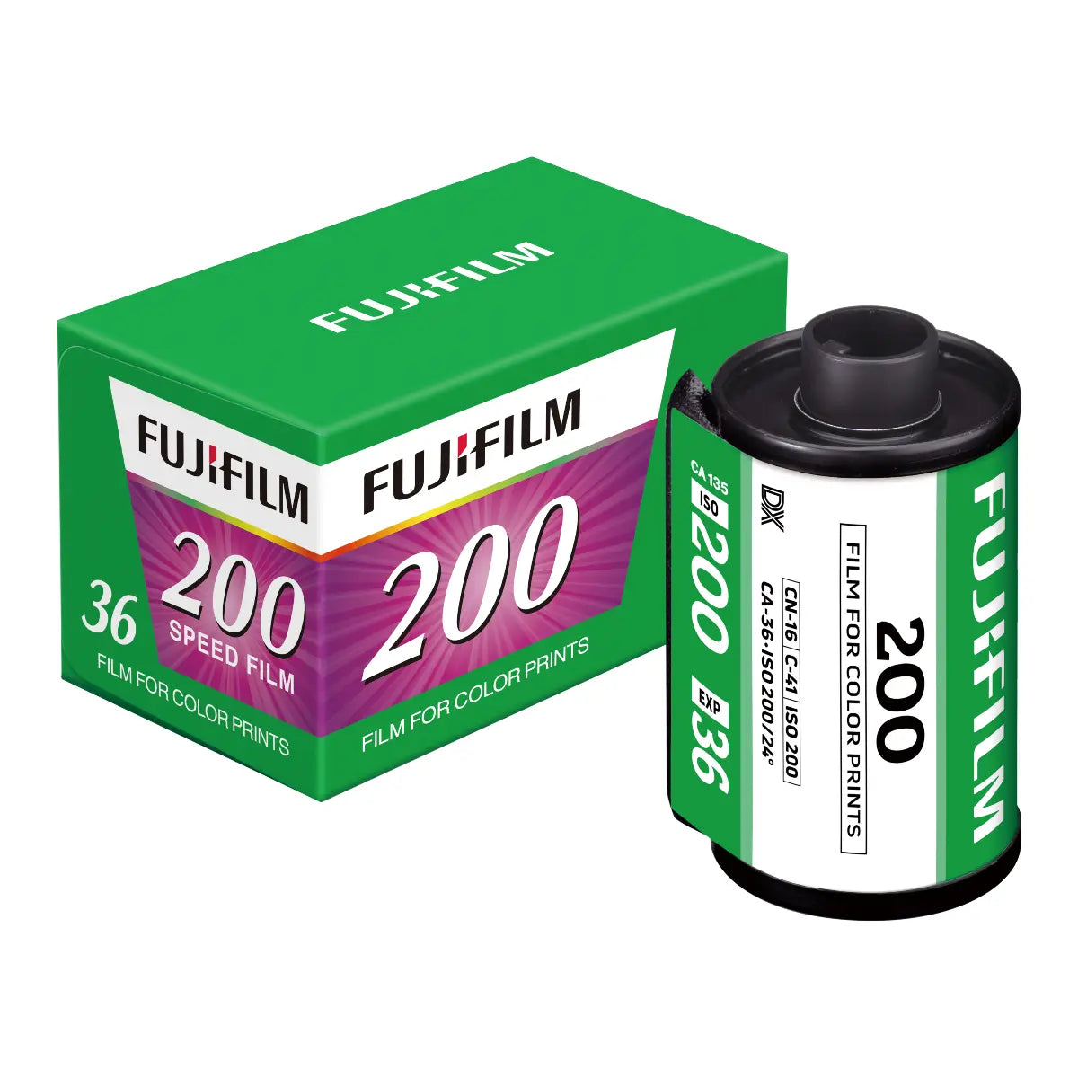 Fujifilm 200 film canister and packaging on a white background