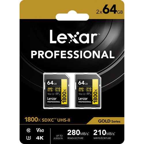 Lexar 64GB Professional 1800x UHS-II SDXC Memory Card (GOLD Series, 2-Pack)