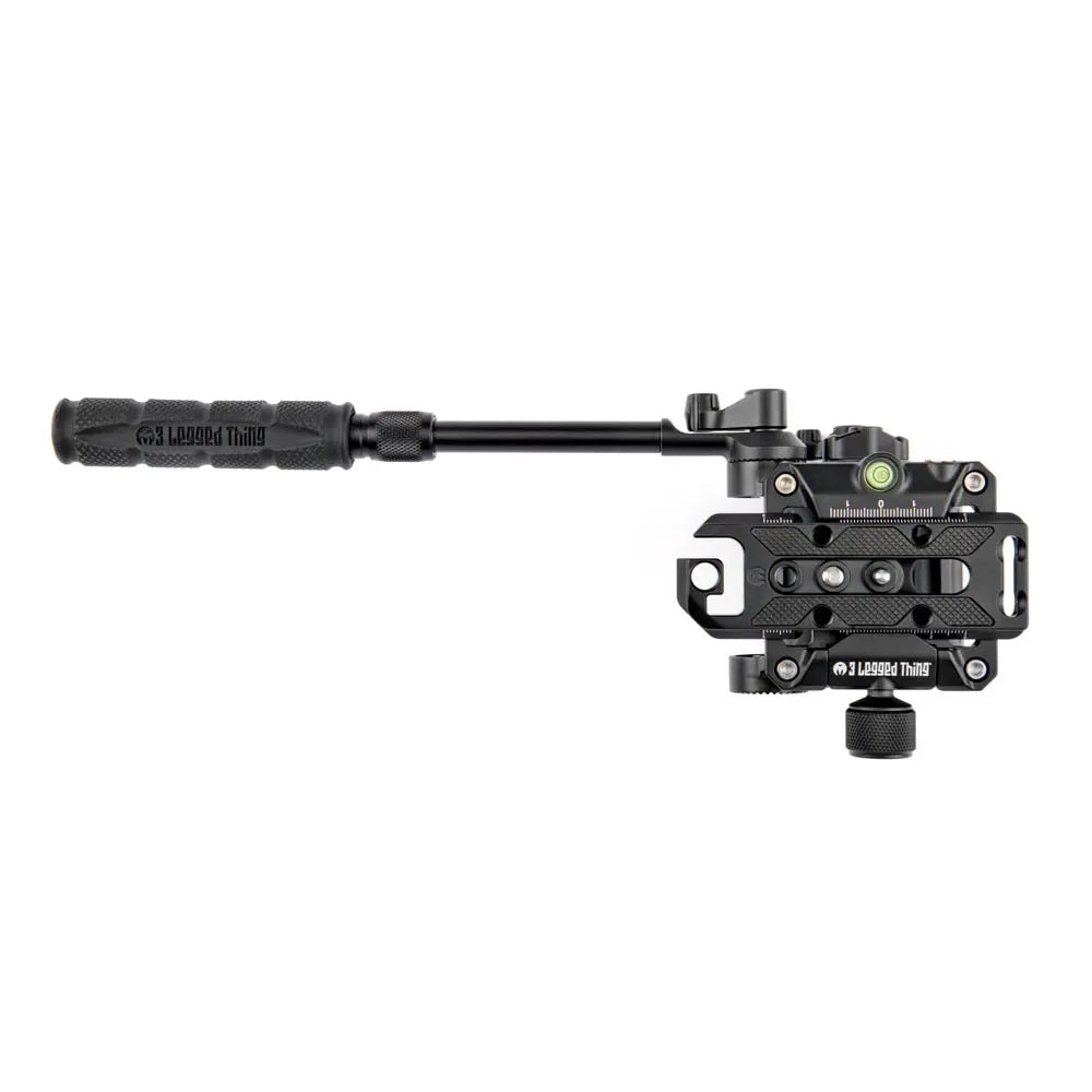 Black camera mount with a handle on a white background