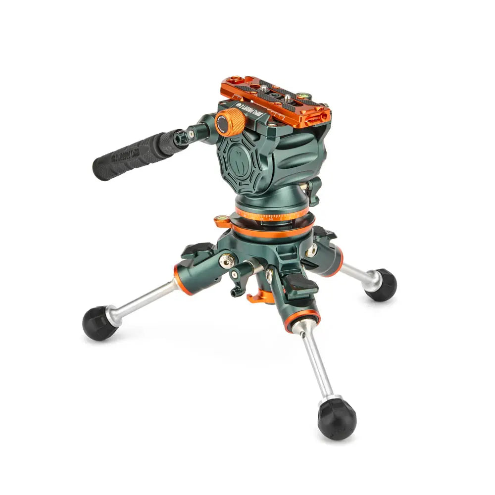 Camera tripod head with green and orange design on a white background